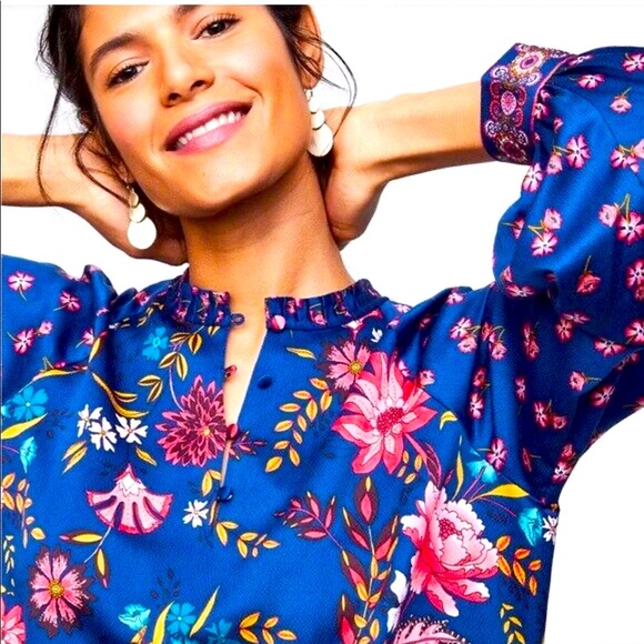 ❌DONATED❌ LOFT ANN TAYLOR Blue Silk Satin Floral Print Long Sleeve Shift Dress - Picture 2 of 8